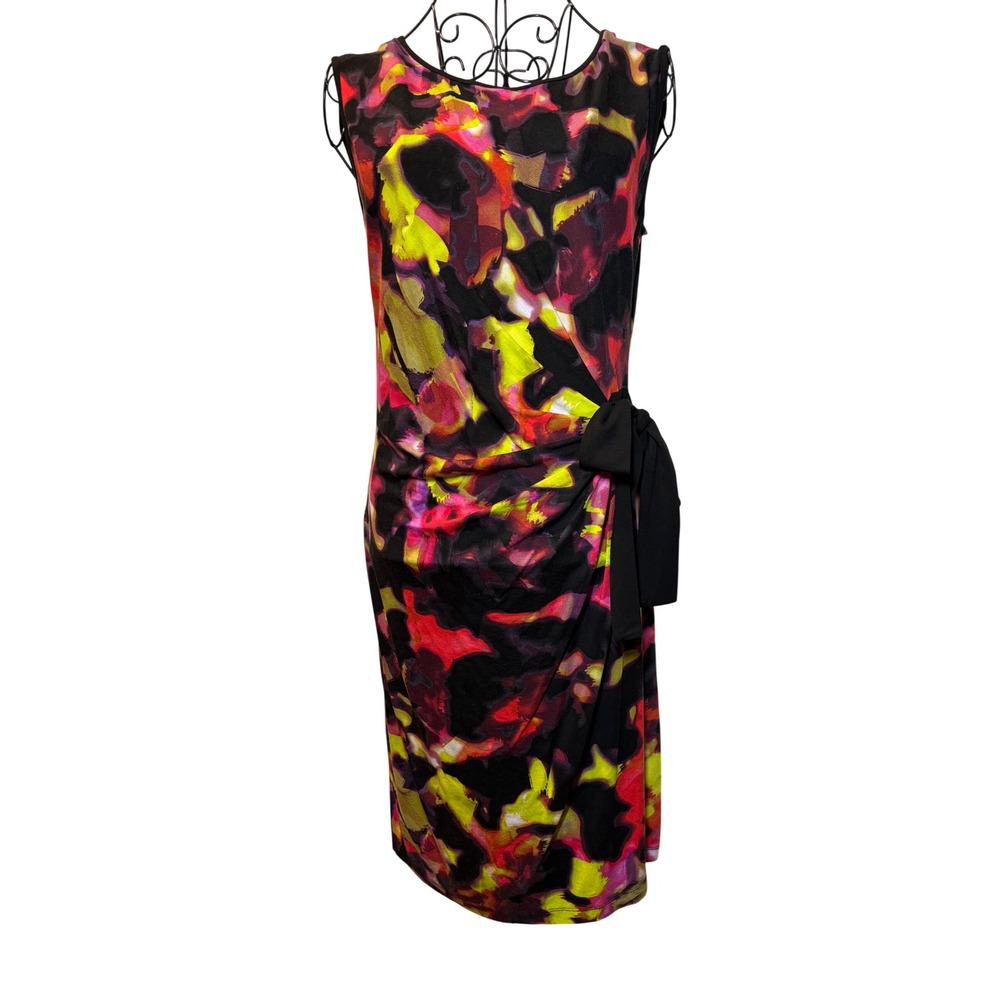 Carole‎ Little Abstract Watercolor Ruched Side Bow Sheath Dress Multicolor M